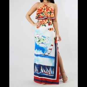 Halter open back side slit maxi dress